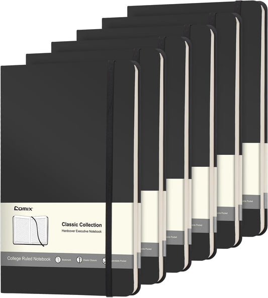 Comix 6 Pack Lined Journal Notebooks for Work, 240 Pages, 5.5"x8.3", Black, Hardcover, A5 Medium College Ruled, Journaling Notebooks for Notes-taking, Fits for Office School Home