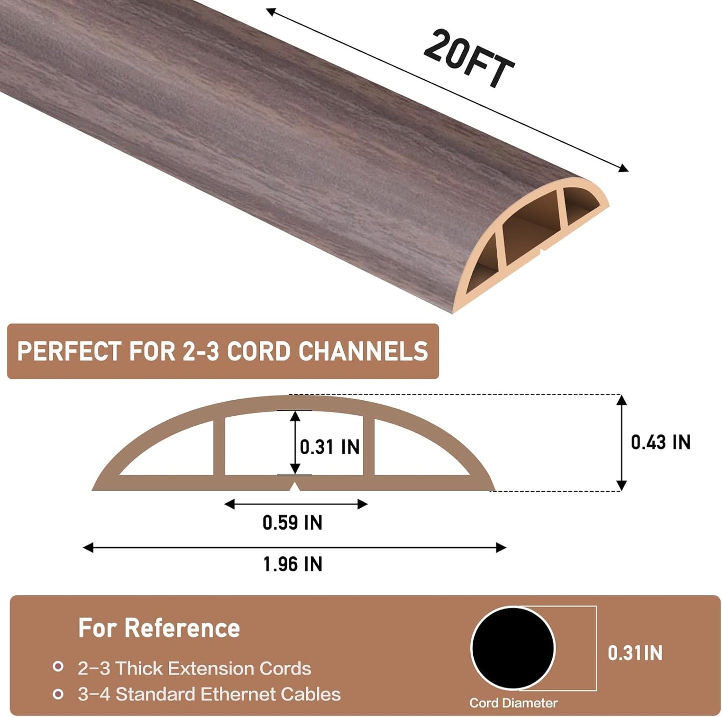 Floor Cord Cover Self Adhesive Cord Hider Floor Extension Cord Covers for Floor Power Cord Protector Cable Management Prevent Cable Trips Cable Cavity 0.59" W x 0.31" H (Brown Walnut Wood, 20Ft)