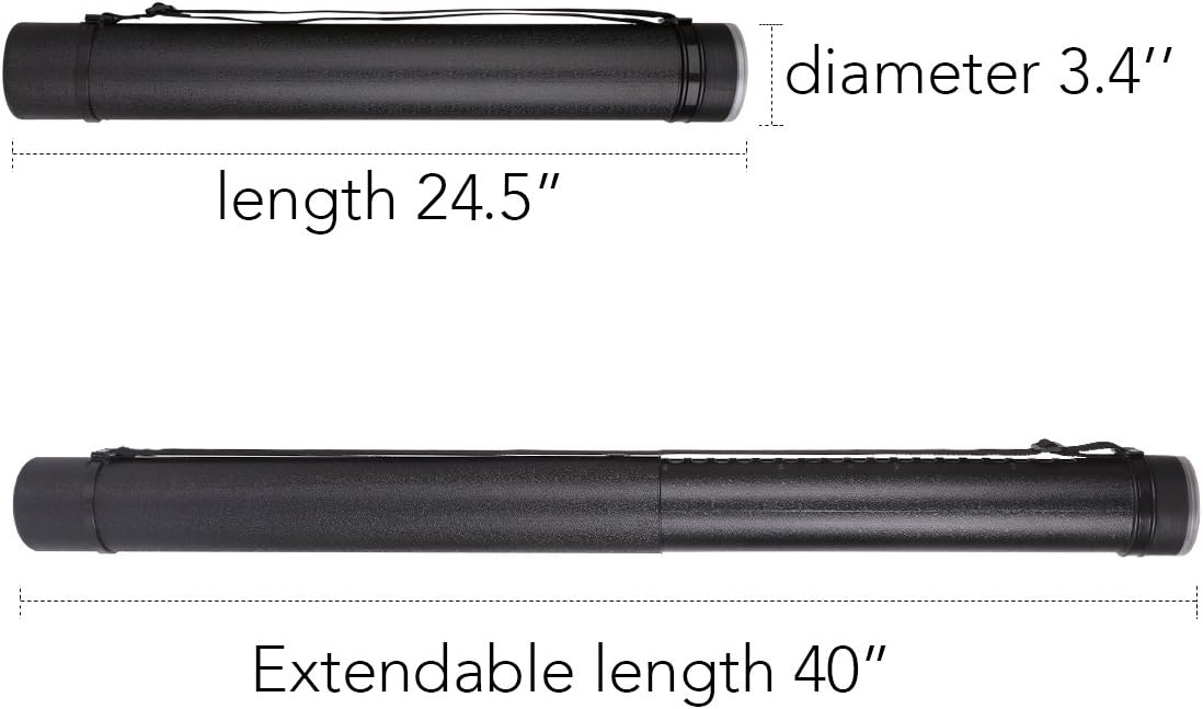 TRANSON Durable Poster Storage Tube with Straps 24"-40" Extendable for Blueprints, Artwork, Maps, Posters Color Black