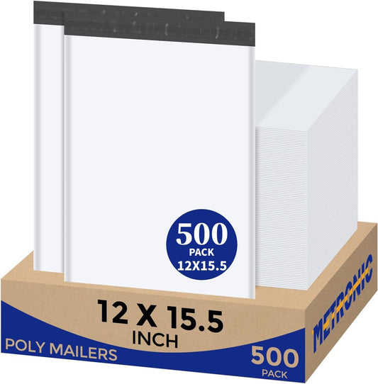 Metronic Poly Mailers 12x15.5 500pcs White Shipping Bags for Clothes Bulk,Self Adhesive Shipping Envelopes for Small Business,Waterproof Mailers Poly Bags for Shipping,Packaging Mailing Bags