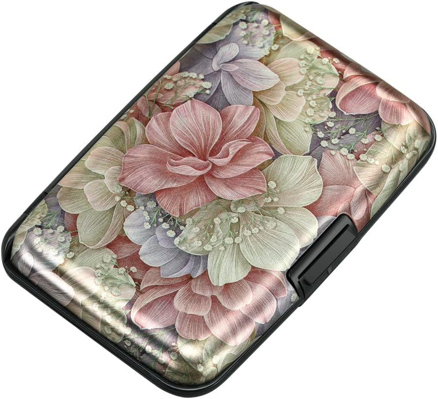 ELFISH Mini RFID Aluminum Wallet Credit Cards Holder Business Card Case Metal ID Case for Men Women（Happy Flower