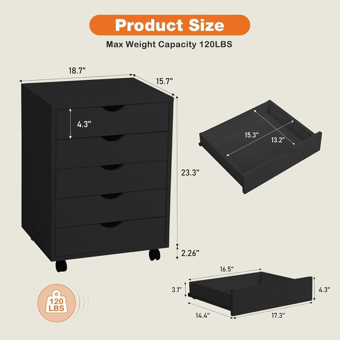 5 Drawer Chest, Dressers Storage Cabinets Wooden Dresser Mobile Cabinet with Wheels Room Organizer, Small Drawers Wood Organization Furniture for Office, Home