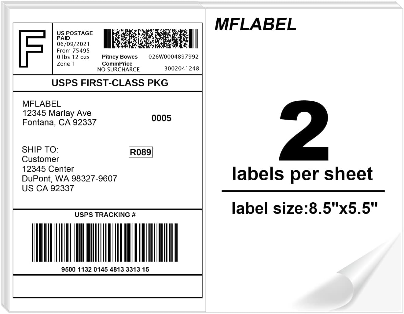 MFLABEL Half Sheet Label Laser/Ink Jet Shipping Label 8.5 x 11 Inches Packaging Labels, Address Labels for Laser & Inkjet Printers, 2500 Count(1250 Sheets)