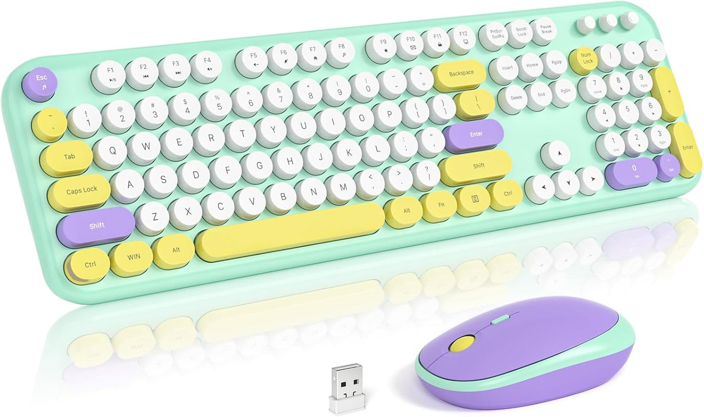 MOFII Wireless Keyboard and Mouse, Retro Typewriter Keyboard and Silent Mouse, 2.4GHz Full Size Keyboard and Mouse Wireless Combo for Laptop, PC, Desktop, Windows (Mint Green)