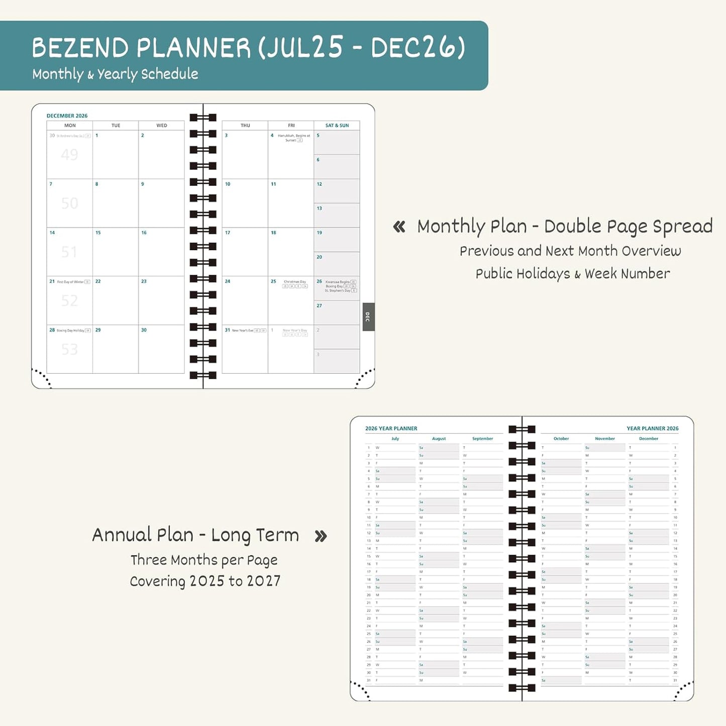 BEZEND Pocket Planner 2025-2026 Weekly and Monthly, 3.5" x 6" Academic Planner (Jul 25-Dec 26) 18-Month Mid-Year Calendar Book, Storage Pocket, Pen Holder, PU Leather Softcover, Spiral - Black