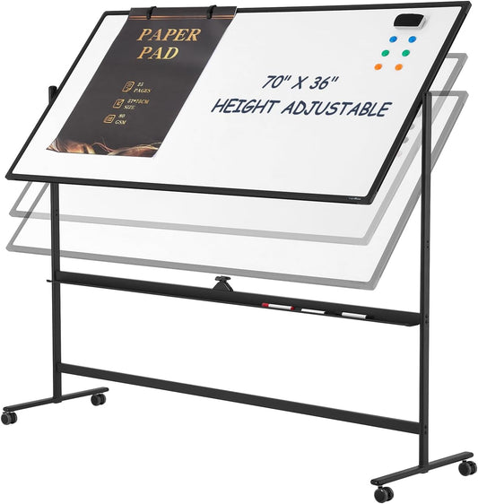 Dry Erase Whiteboard Easel on Wheels - TANKEE 70" x 36" Large Double Sided Mobile Whiteboard, Reversible Magnetic Rolling White Board for Home Office Classroom, Flip Chart Holders and Paper Pad