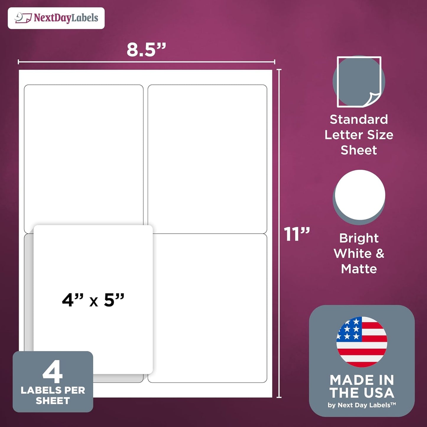 NextDayLabels – 4” x 5” Rectangular Sticker Labels for Printer - White Laser/Inkjet Printer Labels Return Address Labels Shipping Label Stickers (50 Sheets, 4 Per Sheet, 200 Labels)
