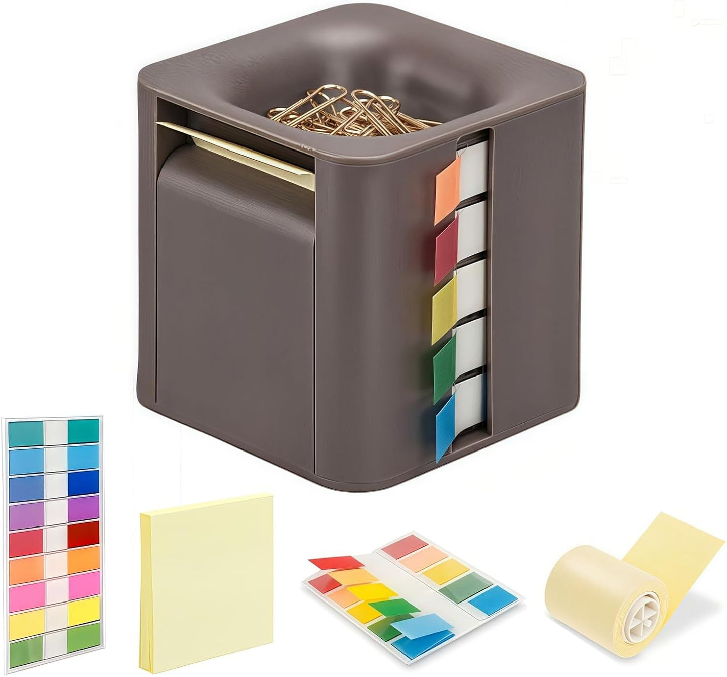 5-in-1 Sticky Note Holder and Dispenser with Magnetic Paper Clip Holder, 3x3 Pop-Up Note and Annotation Labels, Full Adhesive Note Roll Desktop Organizer for Office, Study Room (Brown)