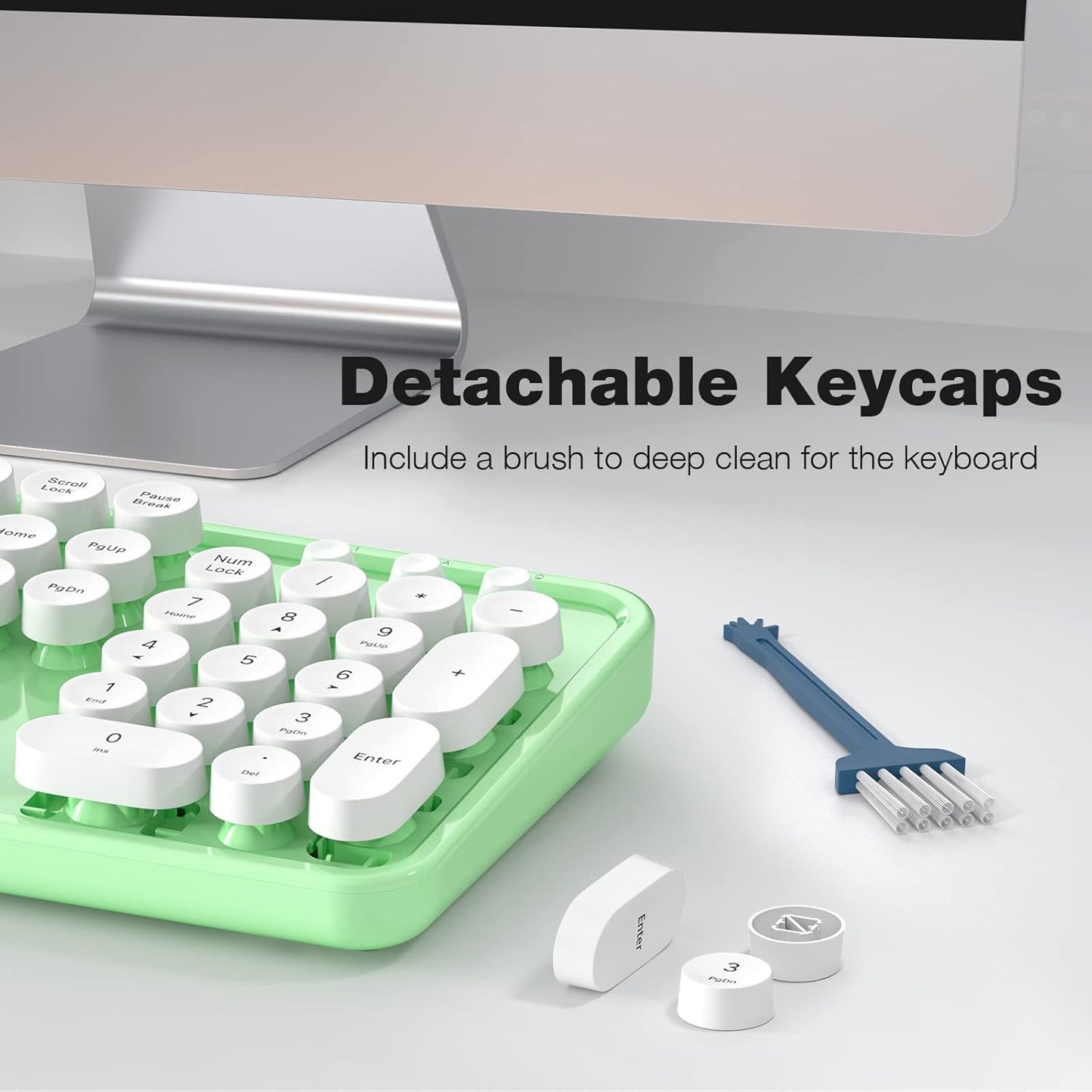 Wireless Keyboard and Mouse Combo, MOWUX Full Size Typewriter Retro Round Computer Keyboard, Mouse Wireless, Plug and Play, for Laptop, PC, Computer- Green