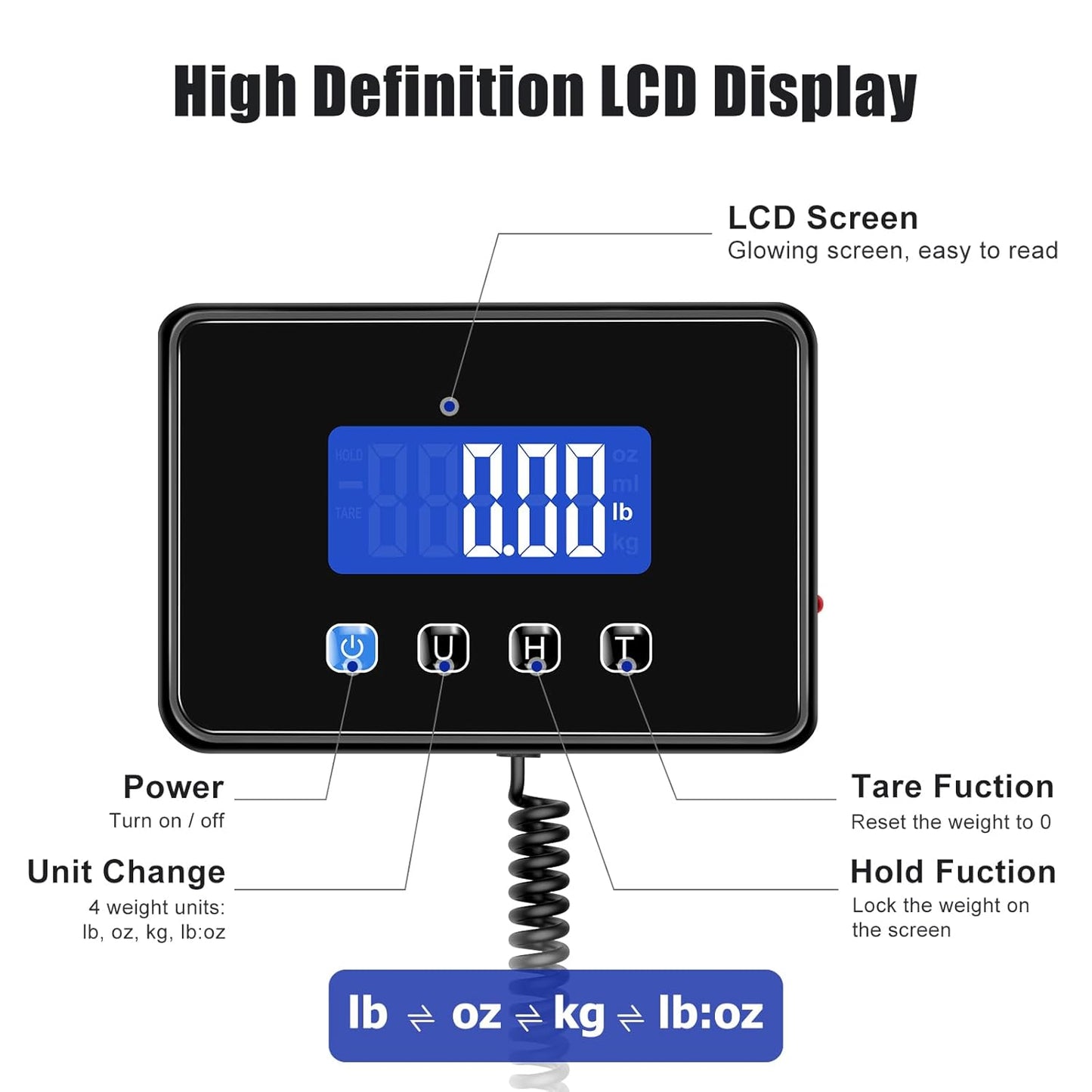 Shipping Scale, 660lbs Heavy Duty Digital Luggage Scale for Packages, 0.35oz High Accurate Postage Scale for Small Business, Warehouse, Home Use, Battery & Charging Cable Include