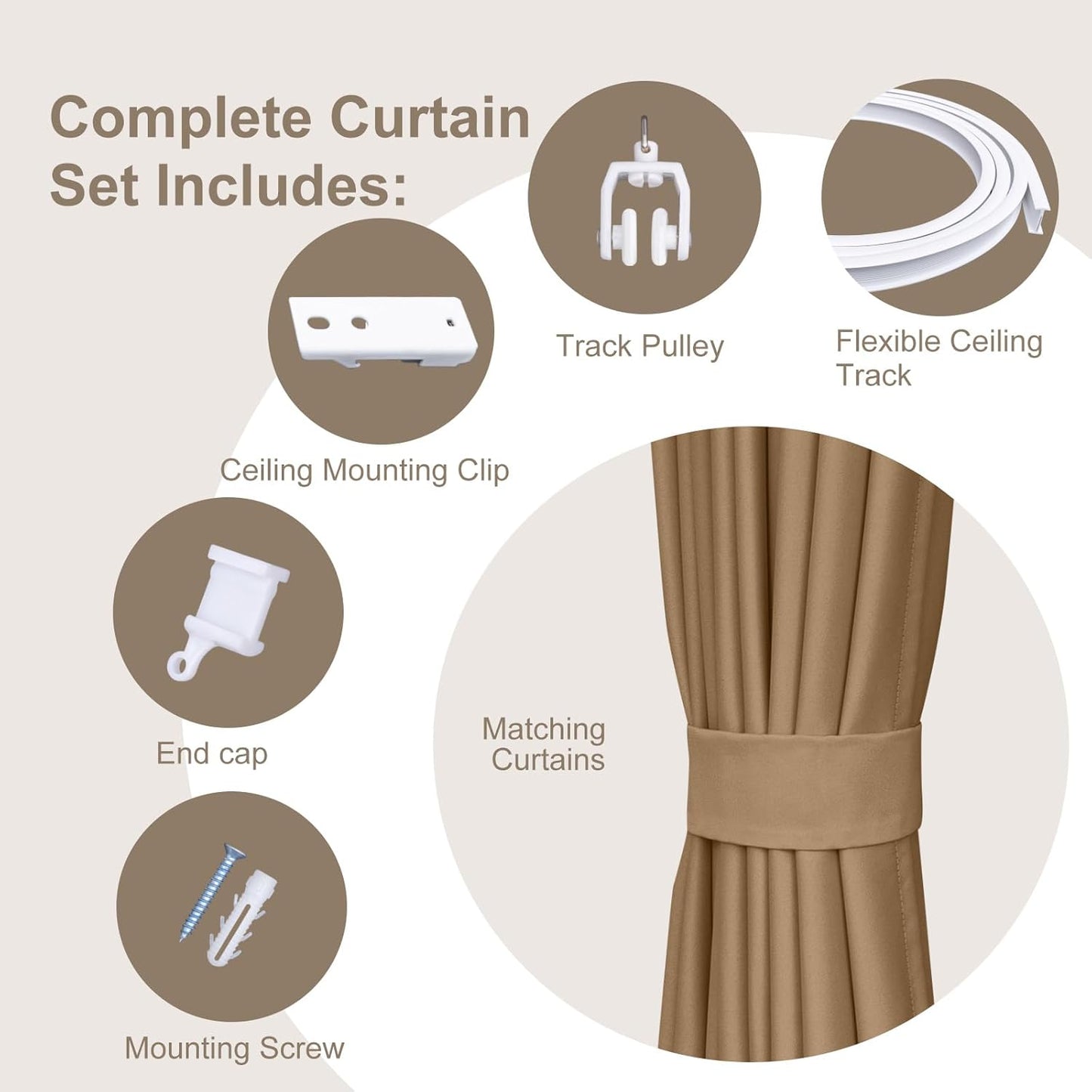 Room Divider Curtains & Flexible Bendable Tracks Set,Privacy Dividers Ceiling Track Curtain Window Blackout Curtains for Living Room Bedroom (W100 × H108 In 1 Panel Khaki Drape & White Rail)