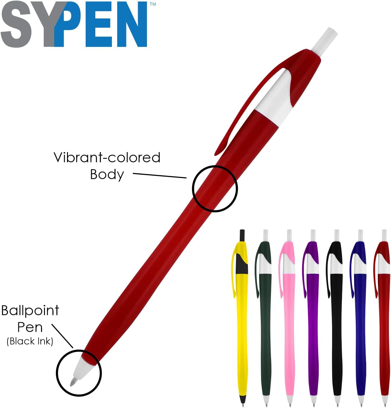 SyPen Personalized Pens With your Custom Logo or Text-500 Pack Bulk-for Businesses, Parties, and Events, Custom Printed Slim Ballpoint Click Pens, Assorted Barrel Colors, Black Ink