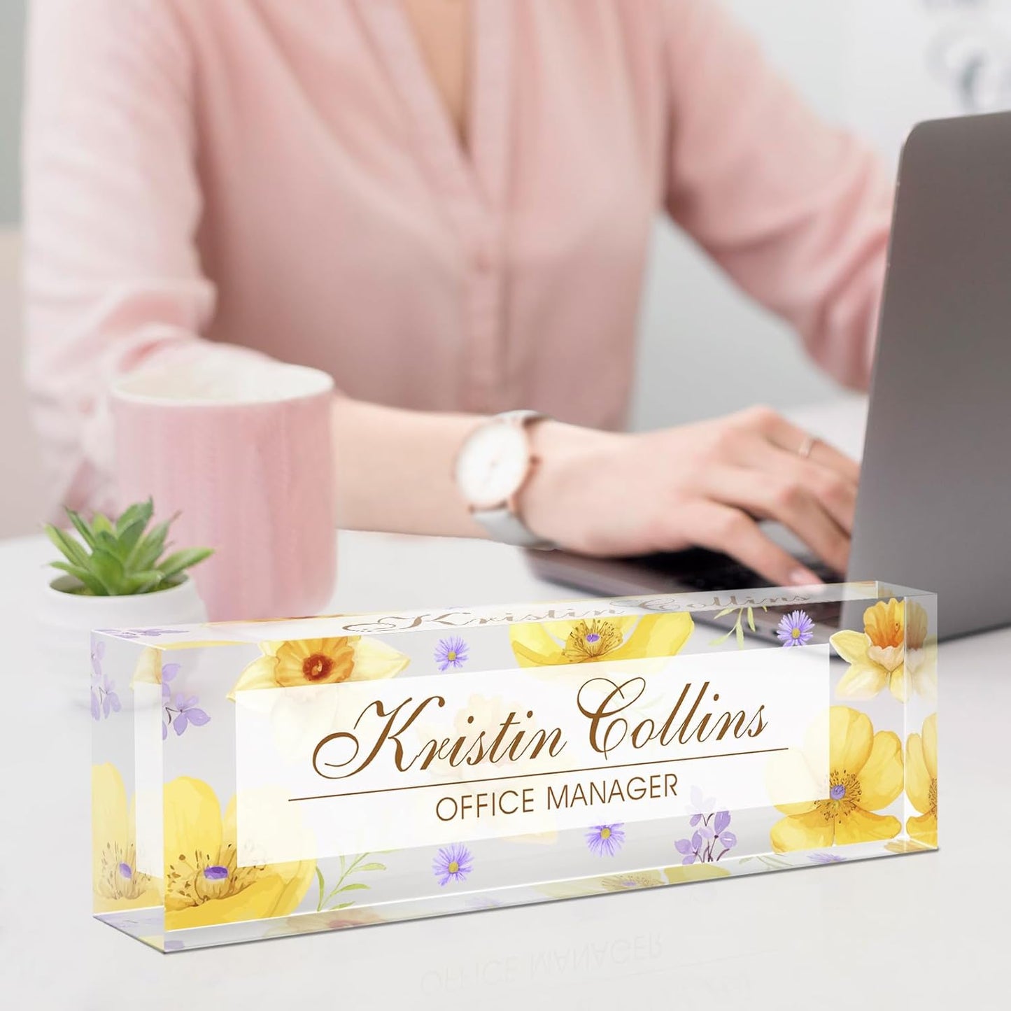 Custom Name Plate for Desk, Acrylic Office Decor For Women Men, Personalized Office Desk Accessories, Teacher Employee Appreciation Gifts For Social Worker Boss Coworkers (Flowers-4)