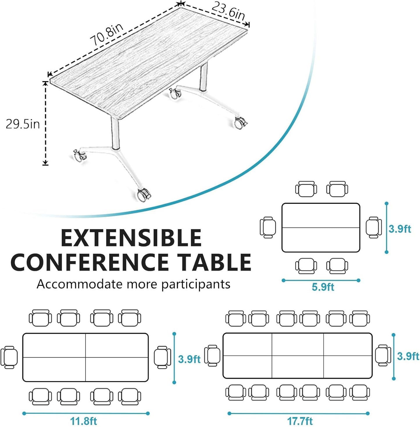 Conference Room Table, Folding Conference Tables,Thicken Grey Tabletop,Flip Top Wooden Seminar Meeting Room Table for Conference Room Offices (6, Grey, 70.8”)