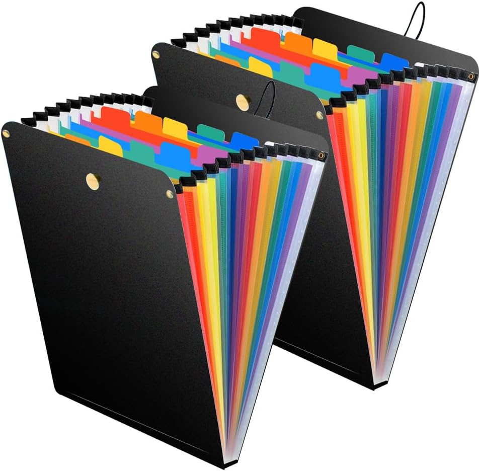 Vertical File Folder Expanding Accordion Folder with 13 Pockets Multi Pocket File Organizer Letter Size for Easy Backpack Access(2 Pack Inner Colorful)