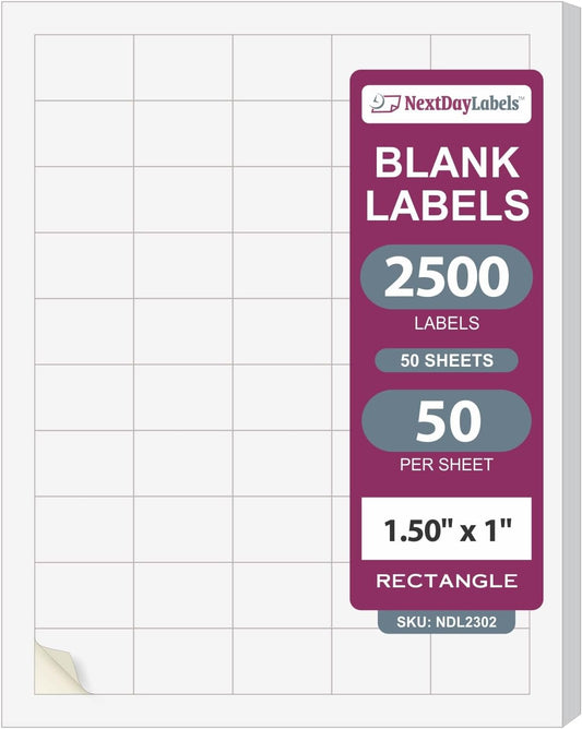 NextDayLabels – 1.5" x 1" Rectangular Sticker Labels for Printer - White Laser/Inkjet Printer Labels Return Address Labels Shipping Label Stickers (50 Sheets, 50 Per Sheet, 2500 Labels)