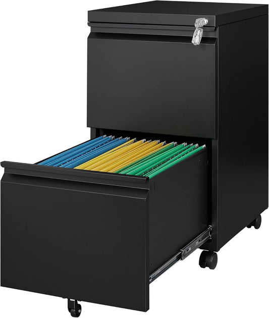 Letaya 2 Drawer Mobile File Cabinet with Lock, Under Desk Metal Rolling Filing Cabinets for Home Office Organizer Letters/Legal/A4 (Black- Requires Installation)