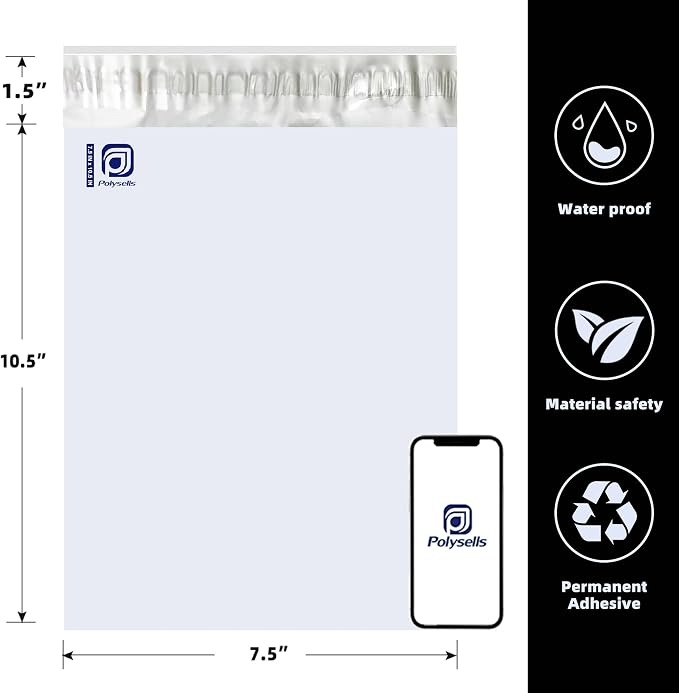 POLYSELLS 100 pcs 7.5x10.5 Inches White x Silver Poly Mailers Shipping Envelopes - Image 3
