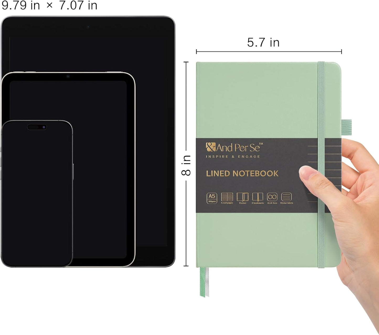 &And Per Se Lined Journal Notebook, 160 Pages, A5 5.7 x 8 inches College Ruled Thick Paper Notebook Journals for Writing, Hardcover Notebooks for Women Men Office School (1 Pack, Light Green)