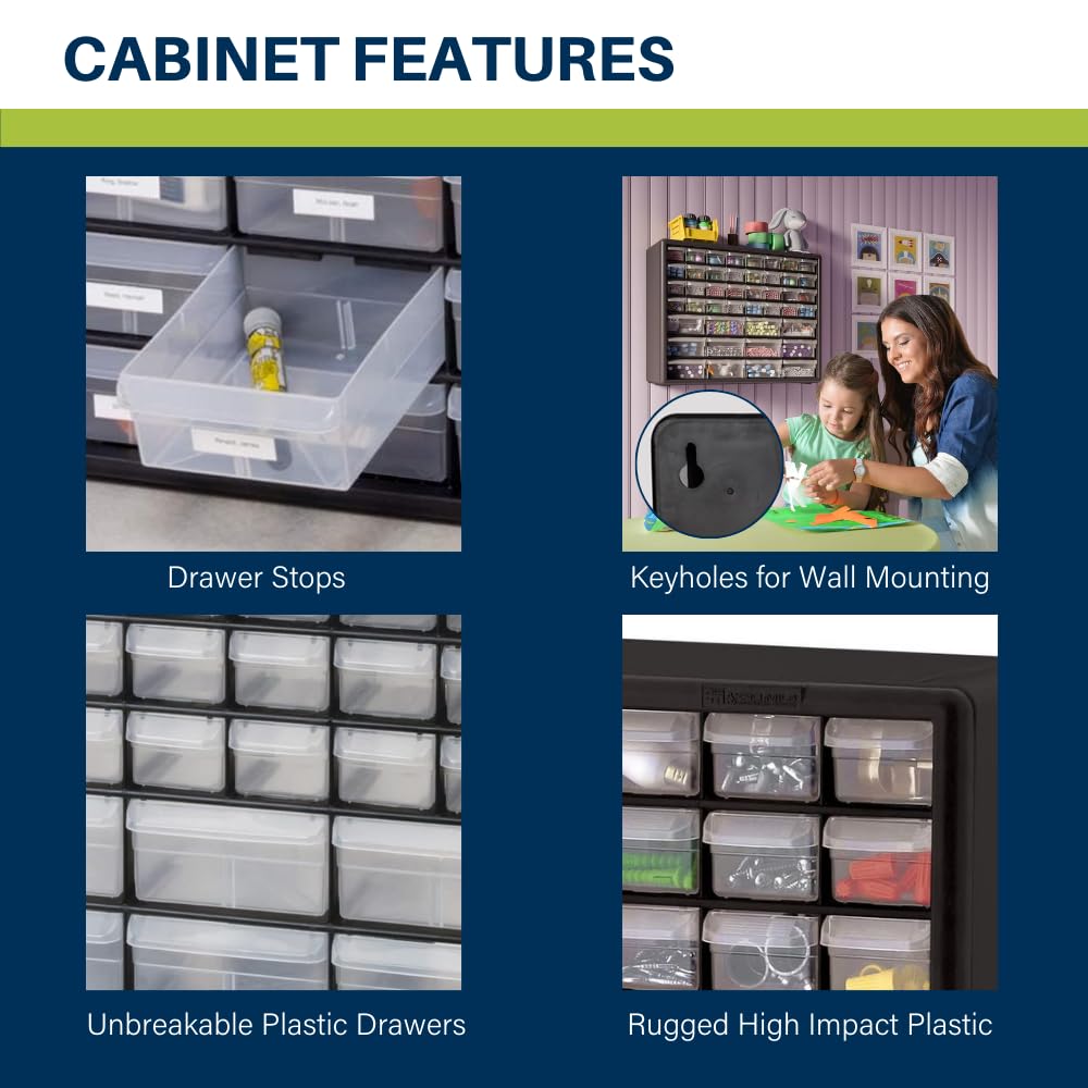 Akro-Mils 44-Drawer Plastic Drawer Storage Cabinet for Garage Organization, Bead Organizer, Building Bricks Storage, Teacher Toolbox, Makeup Organizer, 20-Inch W x 6-Inch D x 16-Inch H, 10144 Black