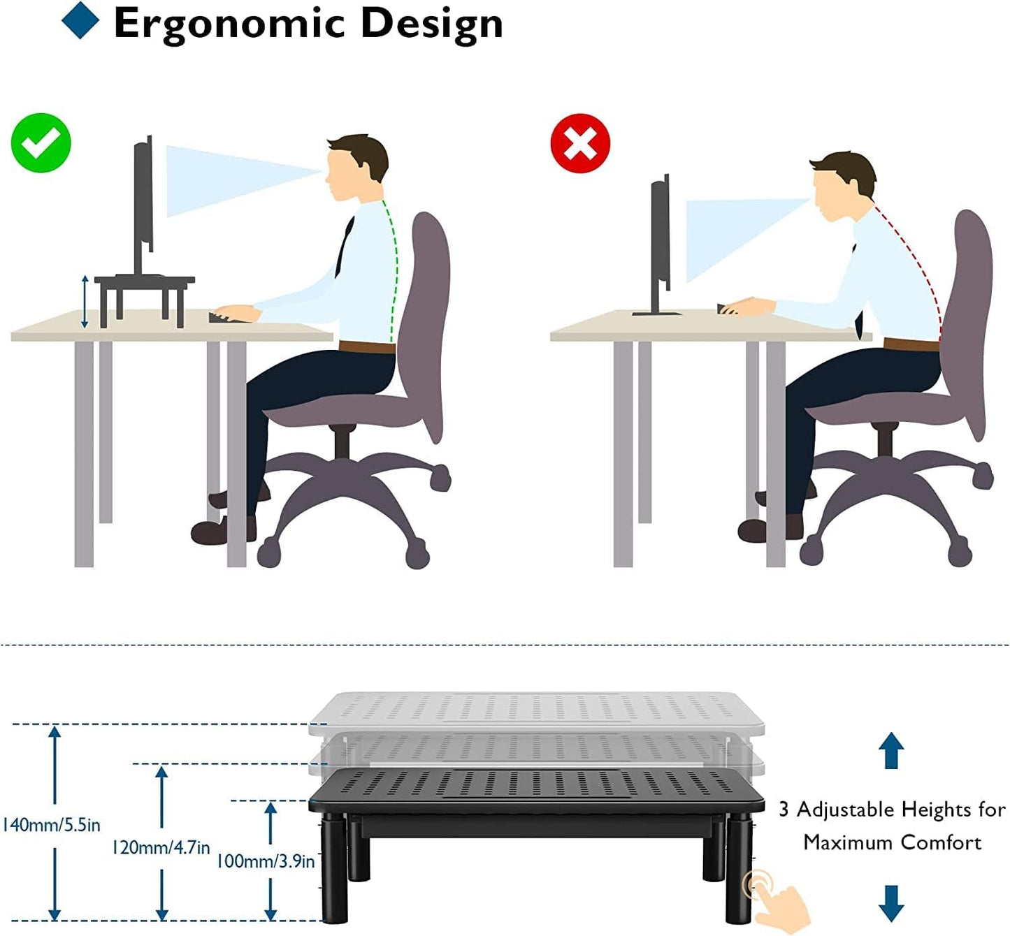 BONTEC 2 Pack Adjustable Monitor Stand Riser with Drawer, Ergonomic Mesh Platform Computer Monitor Stand for Desk, Ventilated Laptop and PC Stand with Cable Management, Supports up to 44lbs