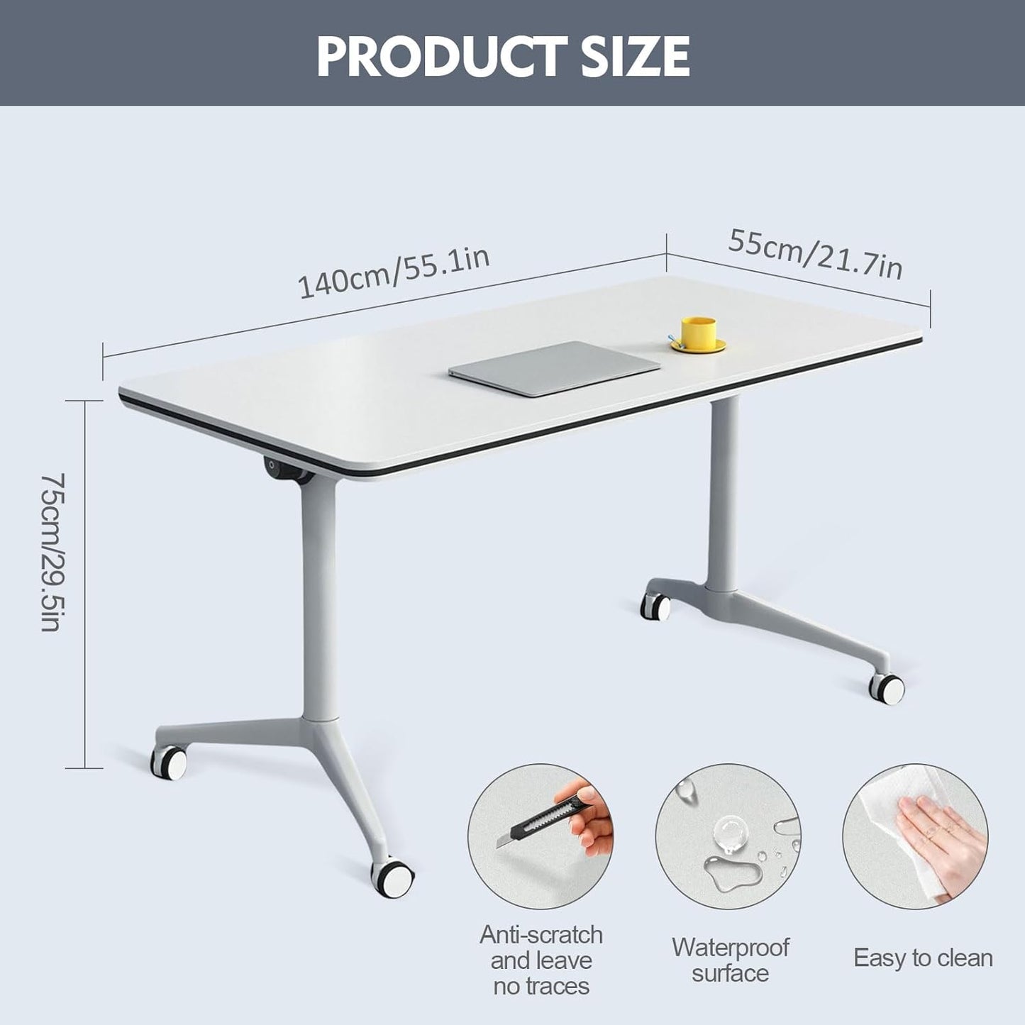 Folding Conference Room Table, Modern Mobile Training Table with Wheels, White Foldable Seminar Meeting Tables for Office Corporations (2pack 55.1in)