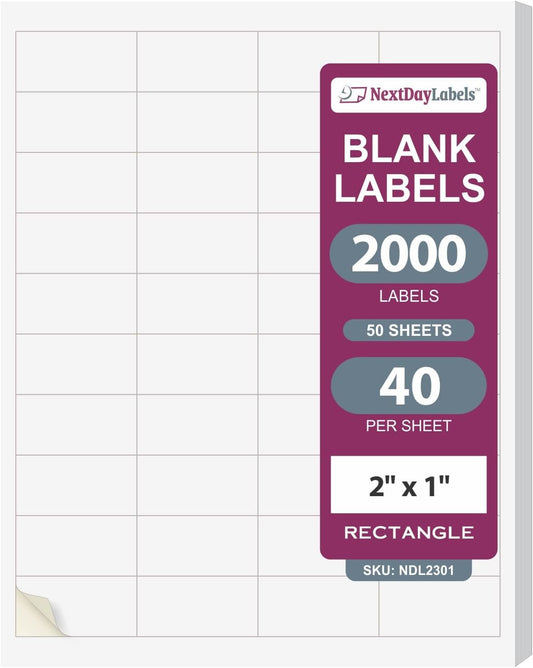 NextDayLabels – 2" x 1" Rectangular Sticker Labels for Printer - White Laser/Inkjet Printer Labels Return Address Labels Shipping Label Stickers (50 Sheets, 40 Per Sheet, 2000 Labels)