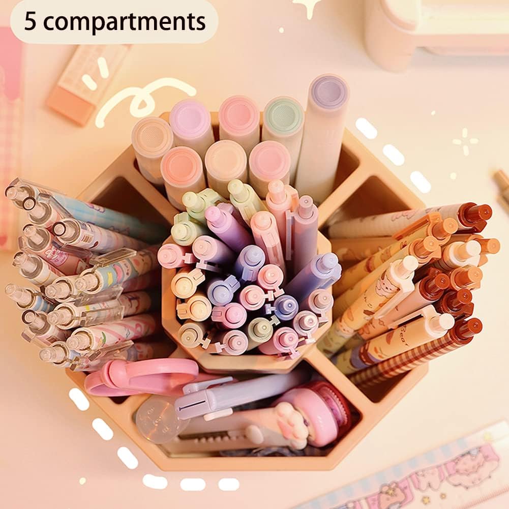 Desk Organizer, 360-Degree Rotating Multi-Functional Pen Holder, 5 Compartments Desktop Stationary Organizer, Home Office Art Supply Storage Box Caddy (White+Pink)