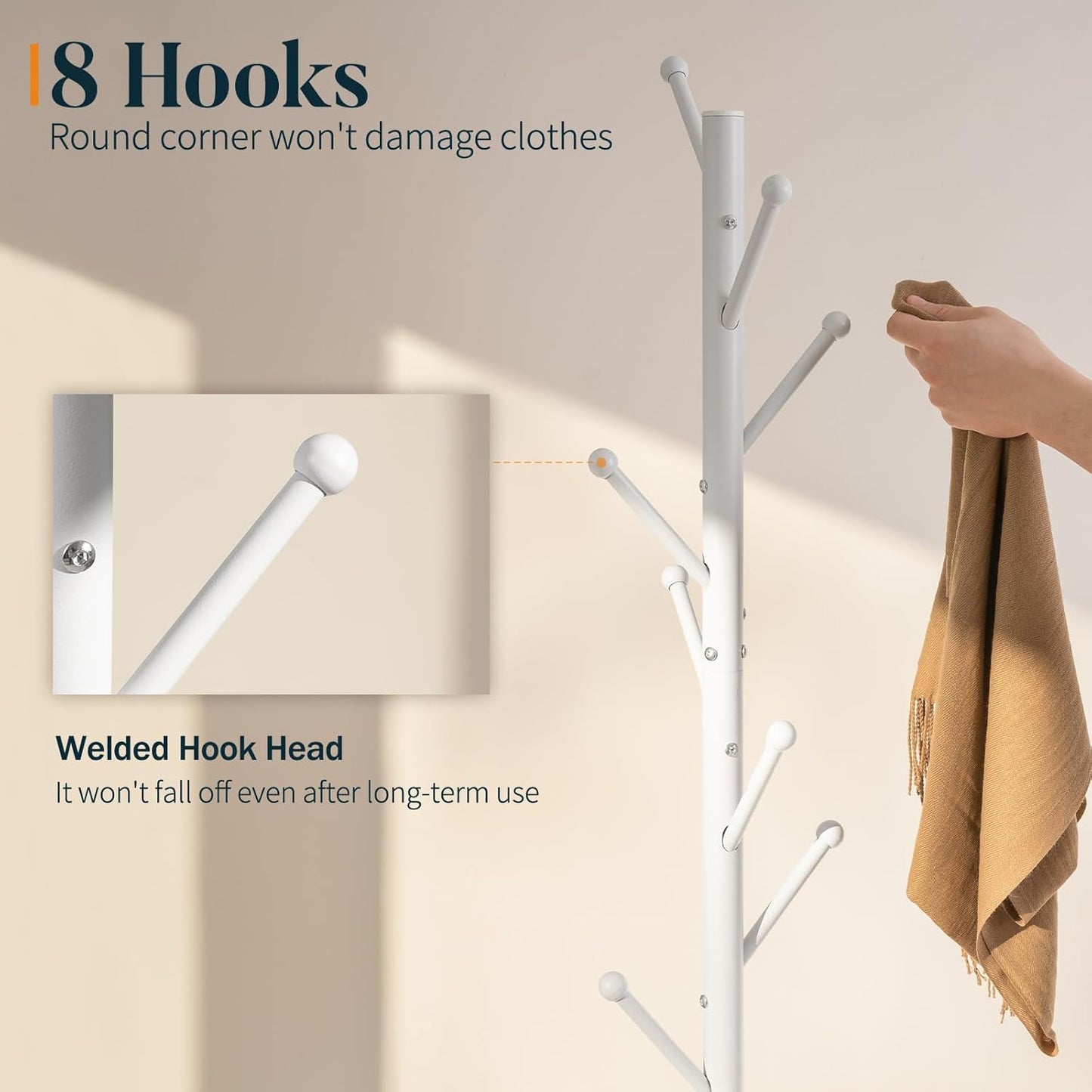 Yoobure Coat Rack Freestanding with Natural Marble Base - Coat Tree with 8 Hooks Heavy Duty Coat Hanger Stand, Metal Coat Rack Stand for Jacket, Hat, Clothes & Bag, Hall Tree Hat Rack for Entryway