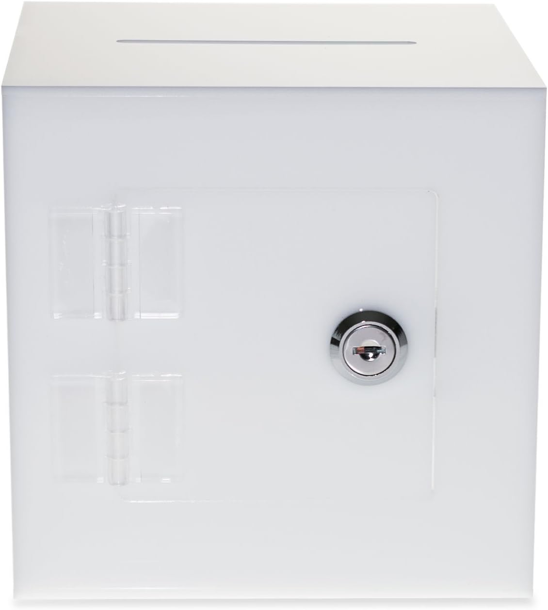Source One Premium Acrylic Cube Donation Box with Deluxe Rear Open Door and Cam Lock Suggestion Box (6 Inch, White)