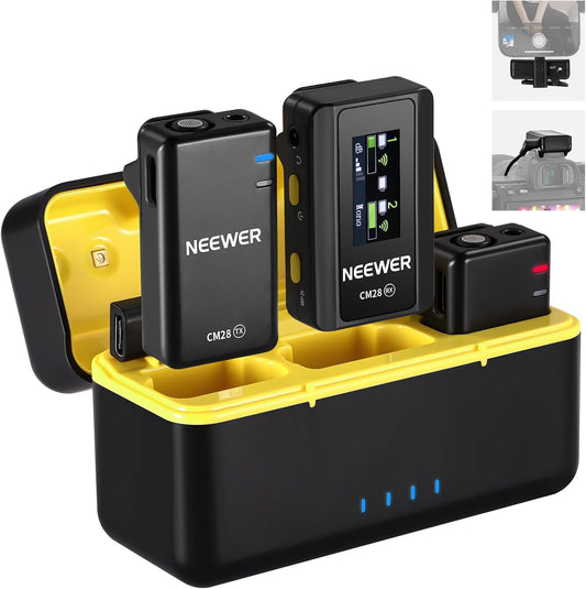 NEEWER CM28 (1 RX + 2 TX + Charging Case), Wireless Lavalier Microphone, Smart Noise Cancelling, 48KHz/16Bit 9 Hrs Uncompressed Recording, 656ft/200m Range, Lav Mic for iPhone, Android, Camera