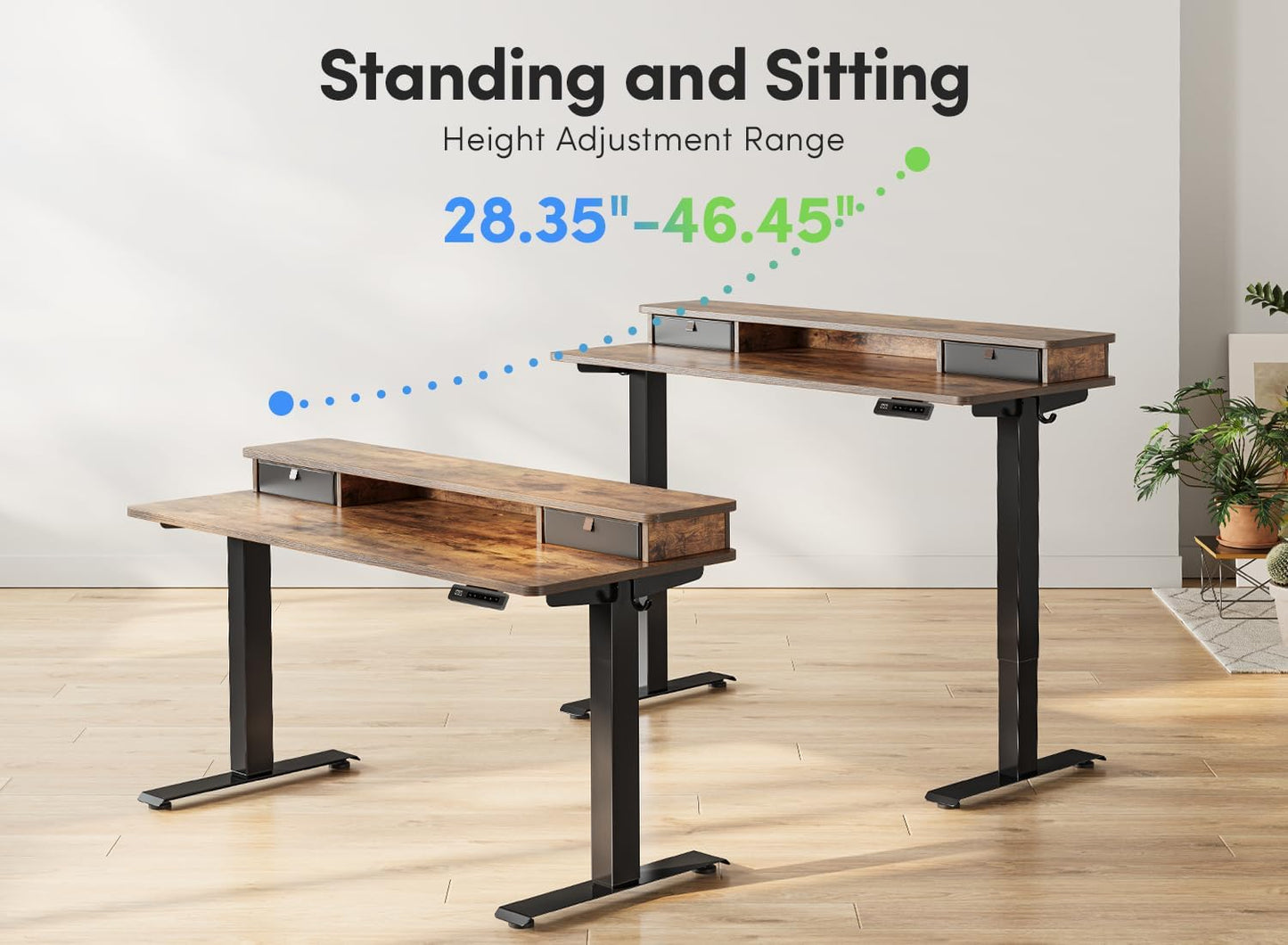 FEZIBO 48 x 24 Inch Height Adjustable Electric Standing Desk with Double Drawer, Stand Up Table with Storage Shelf, Sit Stand Desk, Rustic Brown