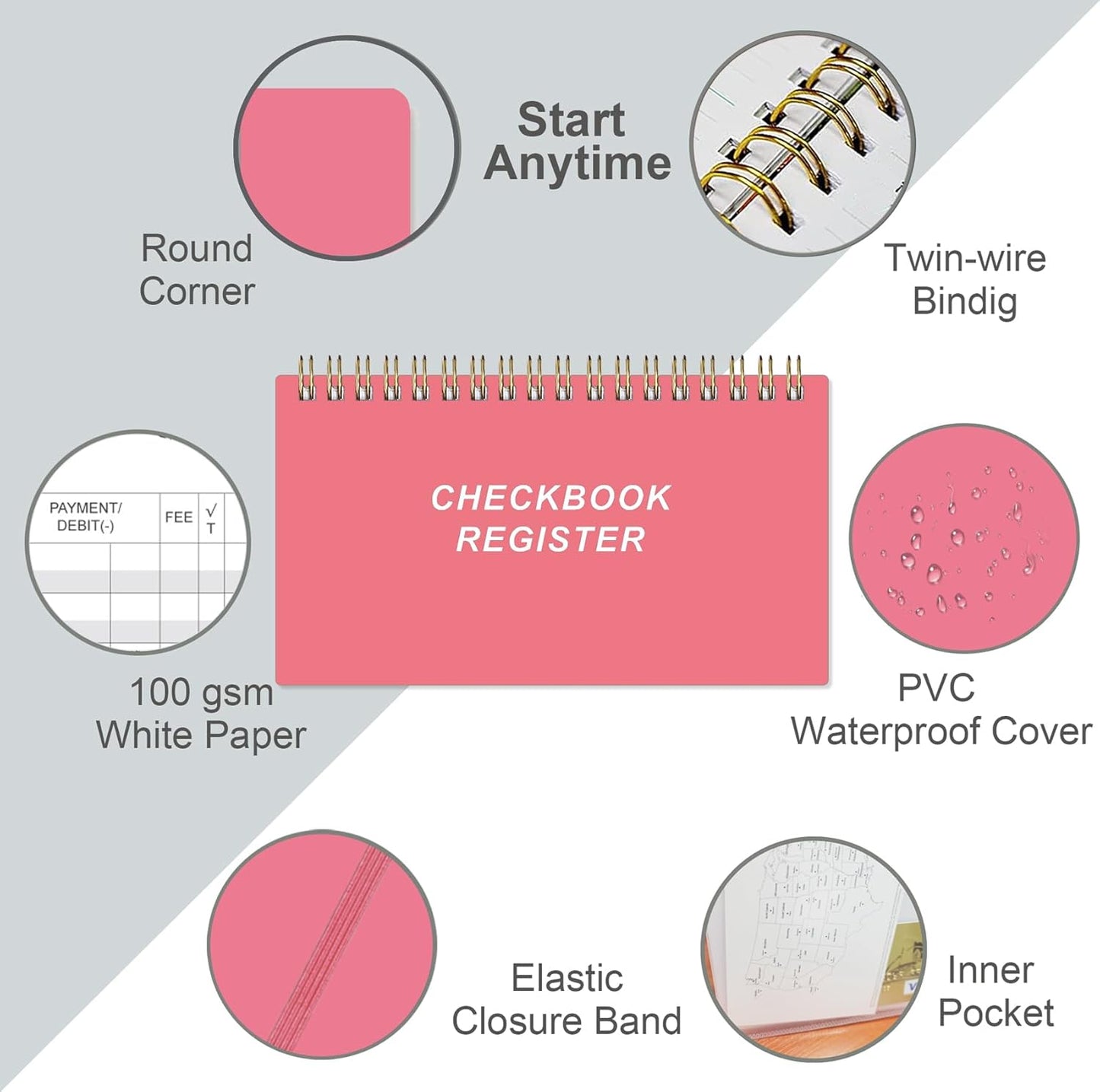 Check Registers for Personal Checkbook - A6 Blank Ledger Transaction Registers for Personal, Check Register Book for Checking and Saving Account, Deposit and Credit Card, 3,75" x 6.75", Pink