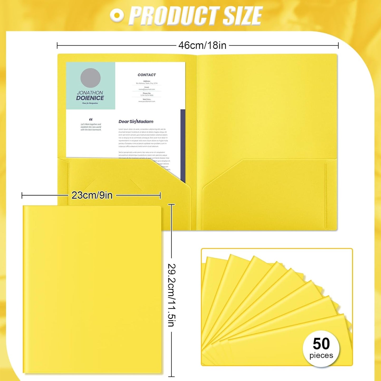 Gueevin 50 Pcs Plastic Folders with Pockets, Back to School Two Pocket Folder Fit Letter Size, Heavy Duty School Business Card Holder for Home Office, 11. 61 x 9. 45 Inches (Yellow)