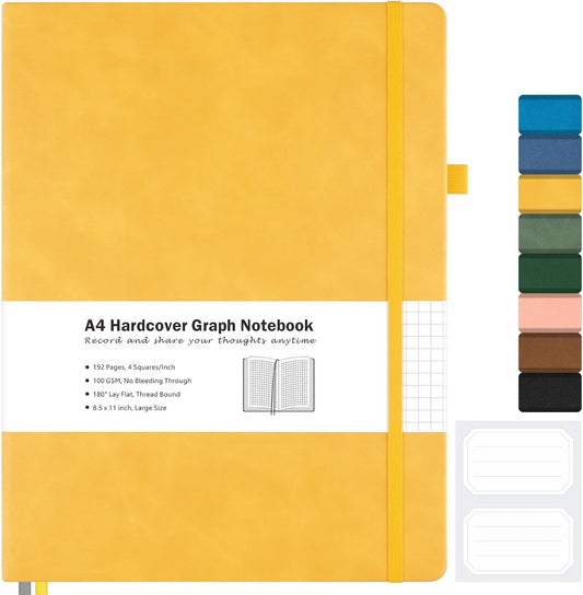 Graph Paper Notebook, Hardcover Notebook 8.5 x 11, Grid Notebook Journal for Women, Men, Large Leather Journals for Writing, Thick Paper, A4 Notebooks for Work, School Supplies, Engineering Yellow
