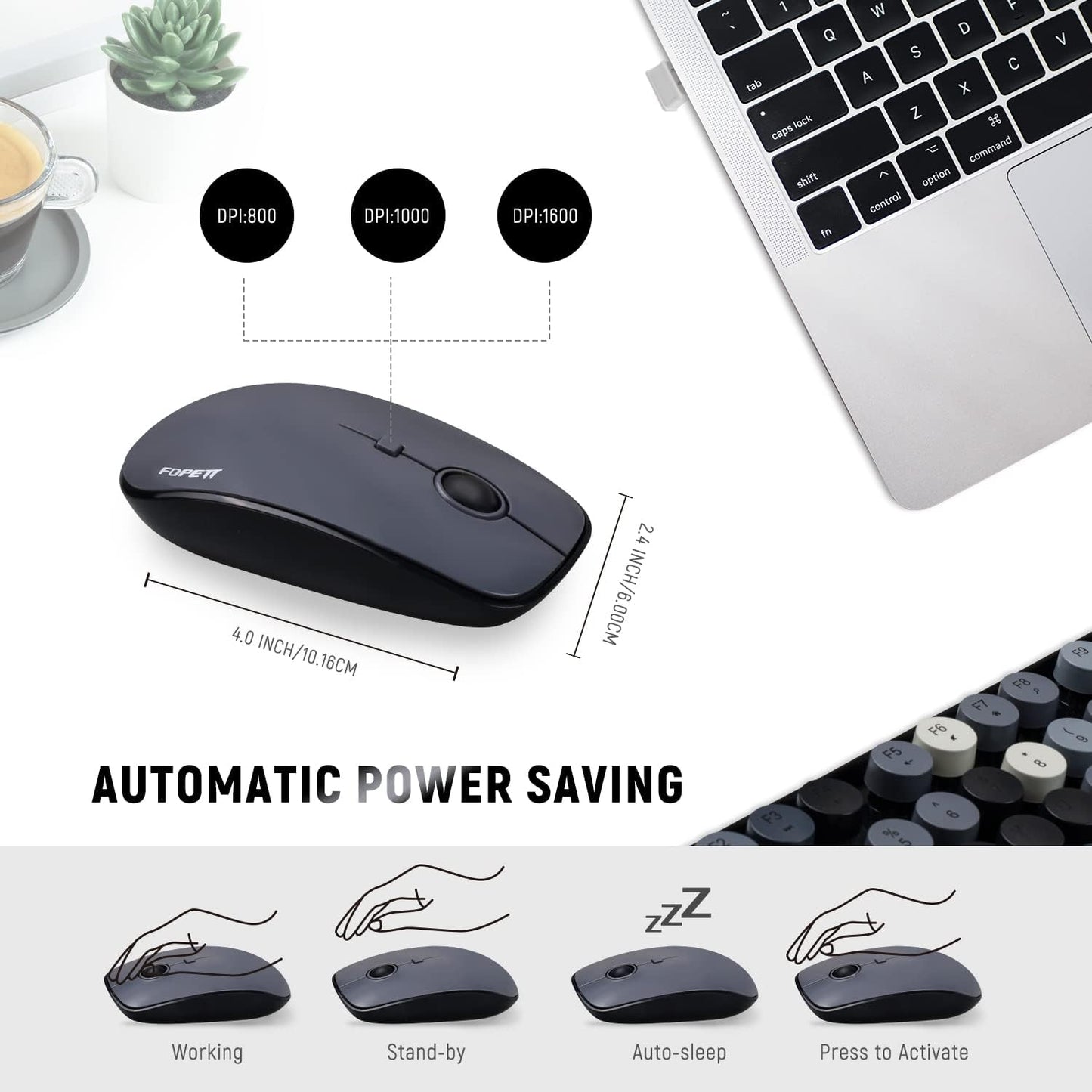 FOPETT Wireless Keyboard and Mouse Combo, 104 Keys Full-Sized 2.4 GHz Round Keycap Colorful Keyboards, USB Receiver Plug and Play, for Windows, Mac, PC, Laptop, Desktop (Grey)