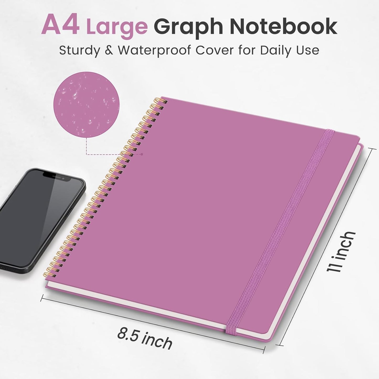 Taja Spiral Graph Notebook, 8.5"x11" Notebooks for Work, Large A4 Journal for Women & Men, Grid Notebook, Journaling Notebook for Writing, Plastic Cover Spiral Journal, Purple