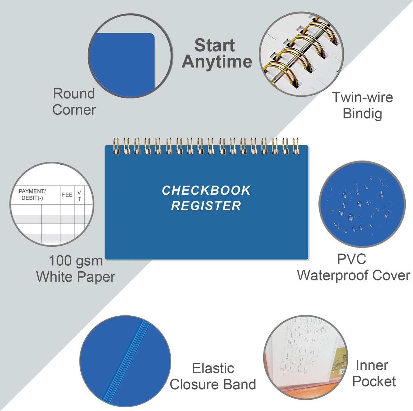 Check Registers for Personal Checkbook - A6 Blank Ledger Transaction Registers for Personal, Check Register Book for Checking and Saving Account, Deposit and Credit Card, 3,75" x 6.75", Blue