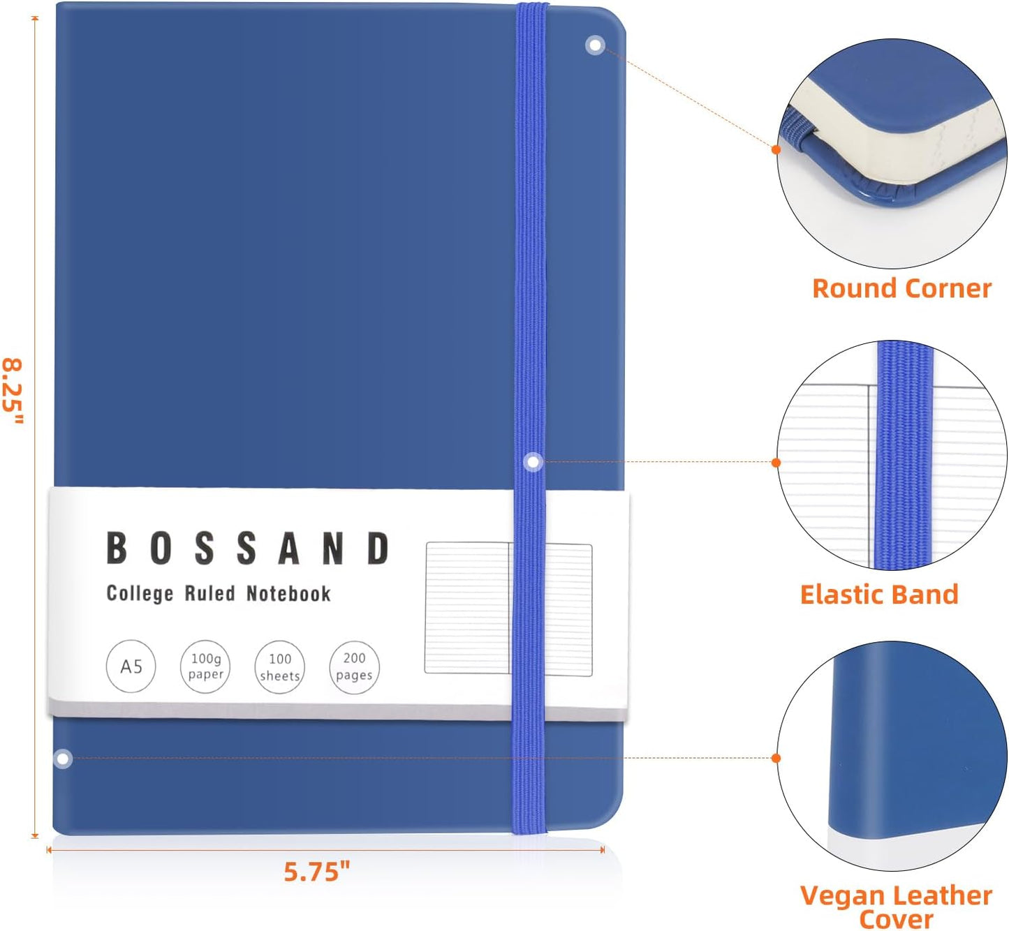 BOSSAND Lined Journal Notebooks, 6 Pack A5 Journals for Writing, 200 Pages 100 GSM Thick Classic Ruled Paper, Hardcover, 8.25 inches x 5.75 inches, 6 Colors