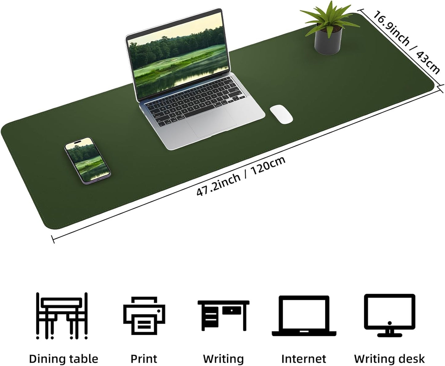 Leather Desk pad Protector, Large Desk mat with Natural Cork & PU Leather,Mouse pad,Non-Slip Office Desk Mat,Waterproof Desk Writing Pad for Office and Home (47in*17in,Military Green)