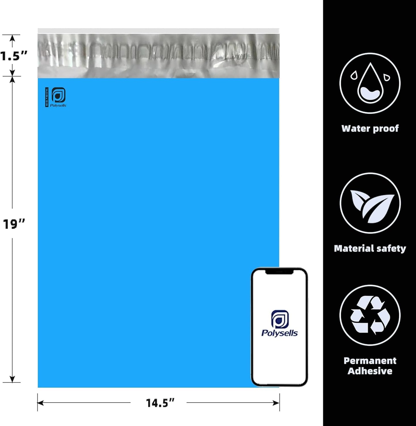 POLYSELLS 500 pcs 14.5x19 Inches Blue Poly Mailers Shipping Envelopes, Strong Adhesive Sealing, Waterproof, and Tear-resistant Postal Mailing Bags for Clothing, Books, and Accessories