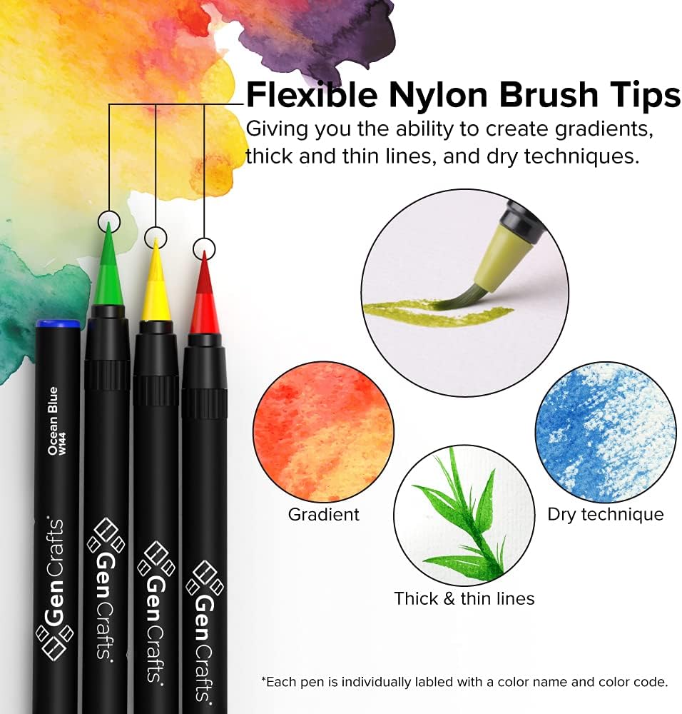 GenCrafts Watercolor Brush Pens Set of 50 Premium Colors - Real Brush Tips - No Mess Storage Case - Washable Nontoxic Markers - Portable Painting