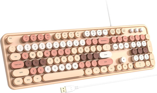 Computer Wired Keyboard, Plug Play USB Full-Size Keyboard with Large Number Pad, Caps Indicators, Foldable Stands, for Windows 7/8/10 PC Laptop (Milk Tea Colorful)