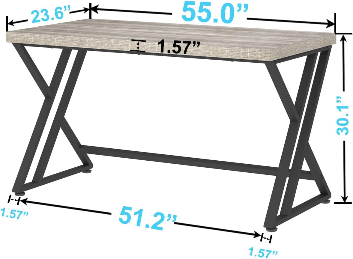 LVB Grey Computer Office Desk, Industrial Wood PC Gaming Gray Desk for Home Office, Modern Wooden Metal Study Work Bedroom Table, Farmhouse Executive Writing Desk with Storage, 55 Inch, Light Grey Oak