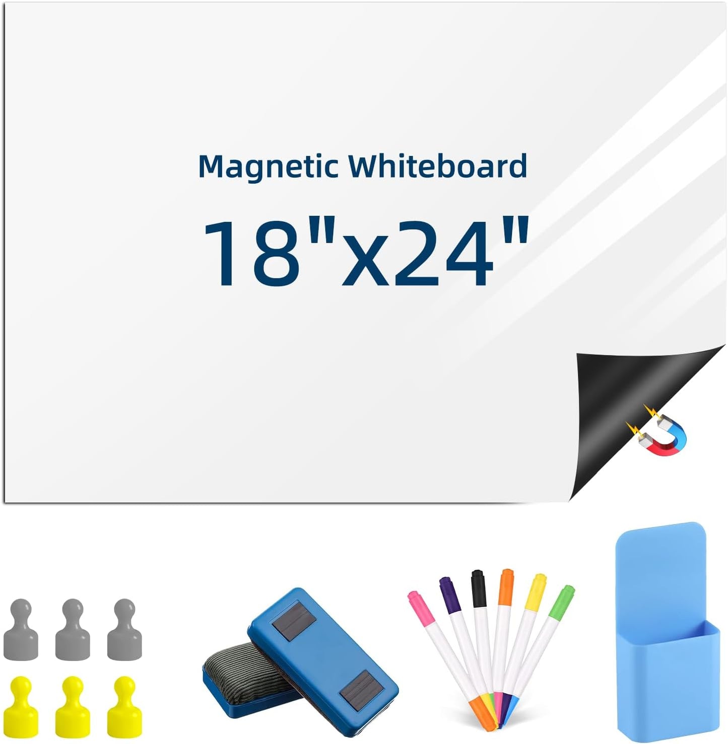 Magnetic Dry Erase Whiteboard for Refrigerators, 18" x 24" White Board on Wall for Organizer and Planner, Kitchen Fridge Shopping List with Marker, Magnetic Eraser and Magnets