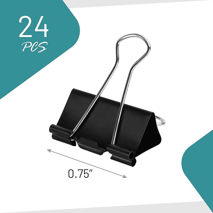 Binder Clips - 24 Small Binder Clips, 0.75 Inch Black Paper Clamps, File Clip - Image 3