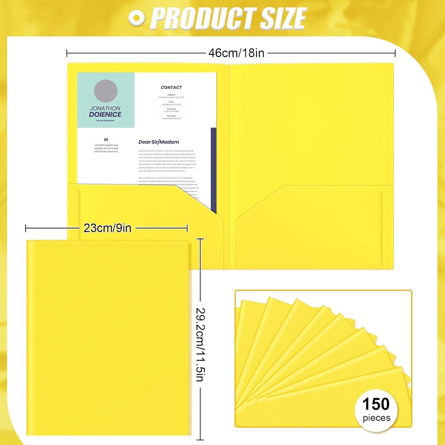 Gueevin 150 Pcs Plastic Folders with Pockets, Two Pocket Folder Fit 8.5 x 11 Inch Letter Size Paper, Heavy Duty School Folders Business Card Holder for Home Office School Bussiness (Yellow)