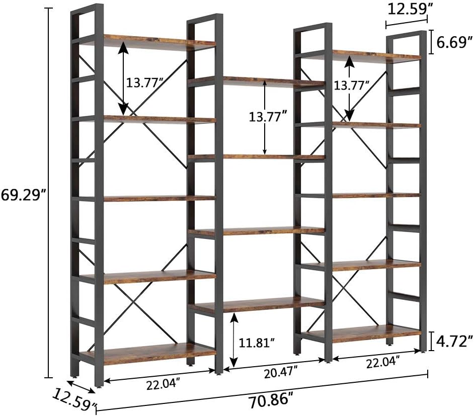 Tribesigns Triple Wide 5-Shelf Bookcase, Etagere Large Open Bookshelf Vintage Industrial Style Shelves Wood and Metal bookcases Furniture for Home & Office, 70 inch