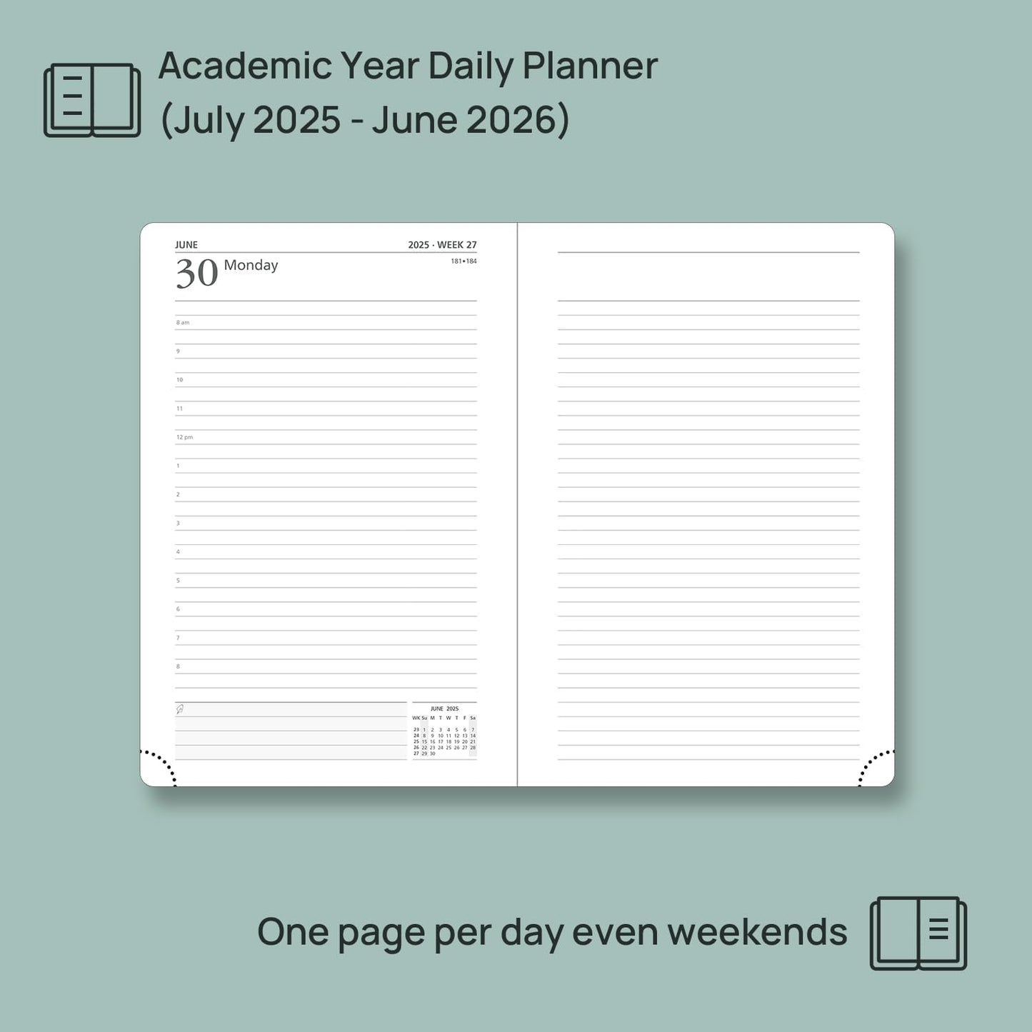 POPRUN 2025-2026 Daily Planner One Page Per Day (Medium - 5.75" x 8.5") - Academic Calendar (July 2025 - June 2026), 2025 Day Appointment Book with Monthly Tabs, Hardcover - Pacific Green