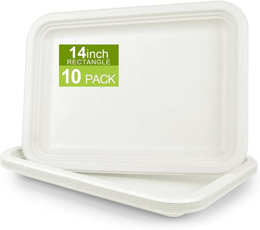 14 Inch Disposable Paper Plates, 10 Pack | Bagasse Food Trays, Compostable & by BangShou